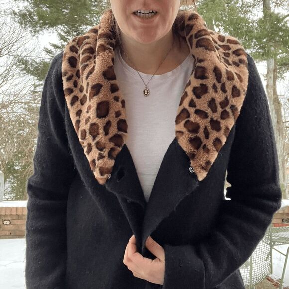 Ellen Tracy Wool-Blend Duster Coat Removable Faux Fur Leopard Collar SZ L - Picture 2 of 8